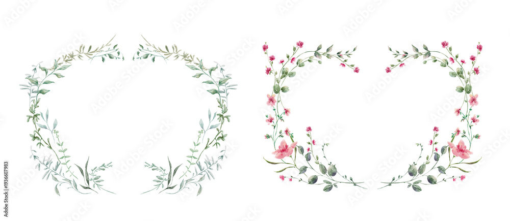 Obraz premium Watercolor meadow wildflowers greenery floral frames set