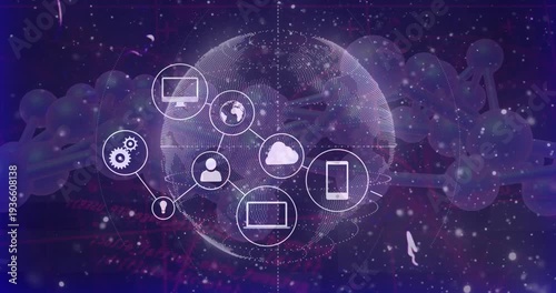 Wallpaper Mural Rotating dotted globe initiating icons appearing and linking, cloud pulsing, forming global network Torontodigital.ca