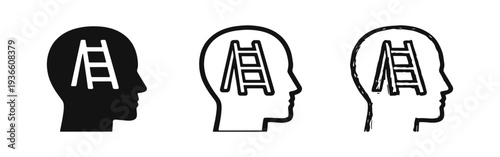 Mind Progress Ladder Icon Set - Human Head Profile with Ladder Symbol. Ambition, Goal Achievement, and Development Concept.