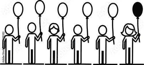 Stick figures holding various sports ballon in a line