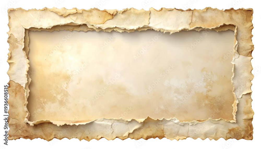 Fototapeta premium Torn aged parchment with frayed edges and rectangular hole on... isolated on a transparent background