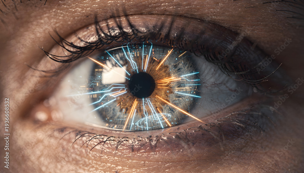 Obraz premium Close-up of a Human Eye with Integrated Abstract Digital Data Connections and Dynamic Light Streaks, Symbolizing Technology and Vision