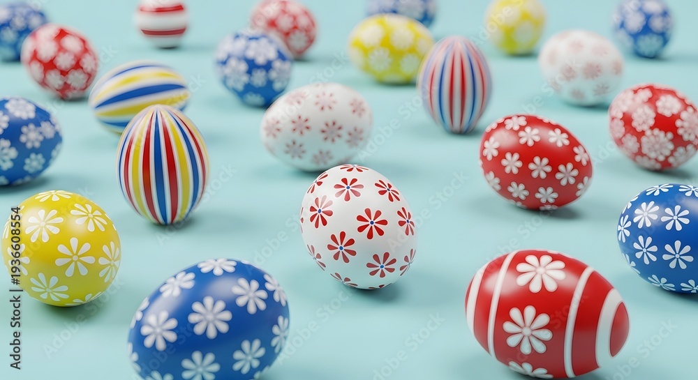 Fototapeta premium Colorful Easter eggs decorated with patterns on pastel blue background