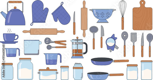 Kitchen utensils and cookware collection flat vector illustration with rolling pin whisk kettle jars cutting board and baking tools