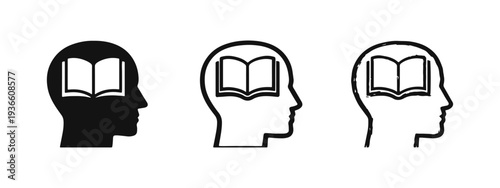 Knowledgeable Mind Book Icon Set - Human Head Profile with Open Book Symbol. Learning, Education, and Wisdom Concept.