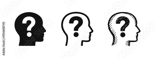 Human head with question mark icon set. Thinking process, doubt, curiosity, and confusion symbol.
