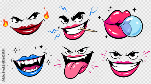 Set of 6 cartoon comic mouth expressions vector