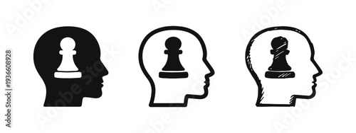 Human head with chess pawn icon set. Strategy, planning, intelligence, and decision-making symbol.