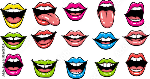 Set of 15 Cartoon Lips Vector Illustrations with Various Expressions