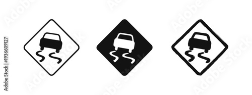 Hand Drawn Slippery Road Warning Sign Icon Set