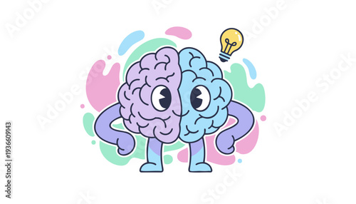 Cartoon brain character with two halves, one purple and one blue, featuring a lightbulb idea and colorful background splatters.
