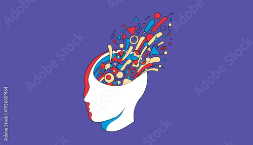 A stylized human head in profile with a vibrant explosion of abstract shapes representing creativity and thought on a purple background.