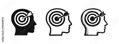 Human head with target and arrow icon set. Goal, aim, objective, focus, and success symbol.