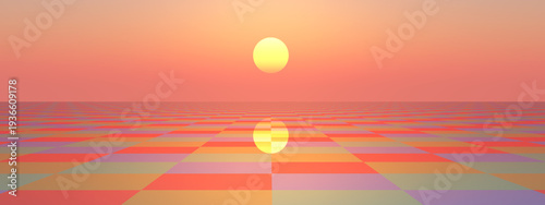 Sonnenuntergang über einer surrealen Landschaft mit einem karierten Muster