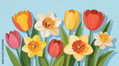Vibrant spring flowers tulips and daffodils in bloom colorful bouquet against light blue background floral arrangement