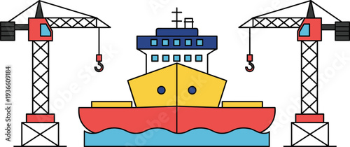 Cargo ship and harbor cranes illustration, maritime shipping logistics port loading dockyard transport industry flat vector icon isolated design