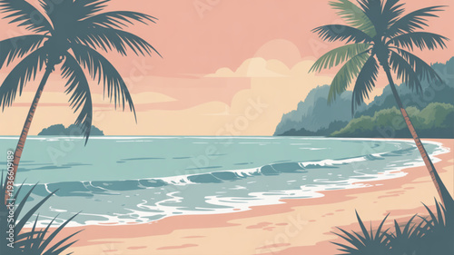 Serene tropical beach scene with palm trees at sunset sandy shore and turquoise ocean waves