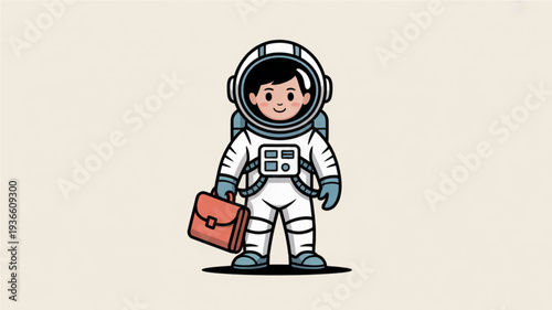 Smiling astronaut in white spacesuit holding briefcase ready for space exploration isolated on beige background with casual expression