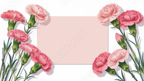 Pink carnation flowers border with blank rectangle frame for greeting card or invitation on white background