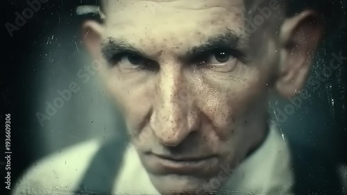 Close up of a man looking down.