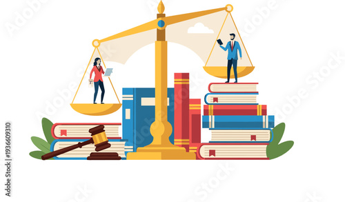 Law and justice concept flat vector illustration with balance scale books gavel and legal professionals standing on scales