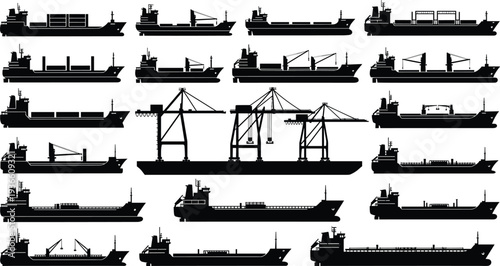 Cargo ship silhouette collection, container vessel tanker bulk carrier maritime transport fleet shipping industry harbor logistics vector illustration isolated set