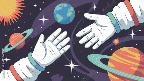 Astronaut hands reaching for earth in space with planets and stars