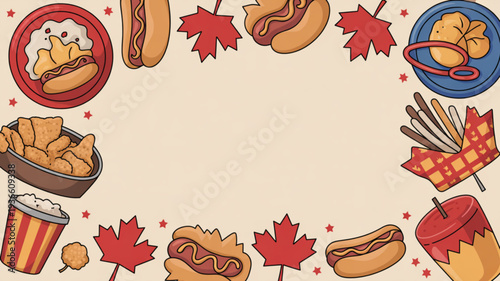 Colorful canadian food border with hot dogs fries and maple leaves on beige background