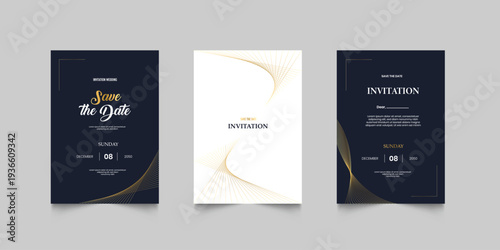 Luxury wedding invitation card background. Golden elegant gold frame on navy black background. Premium design illustration for wedding and vip cover template, banner, poster.