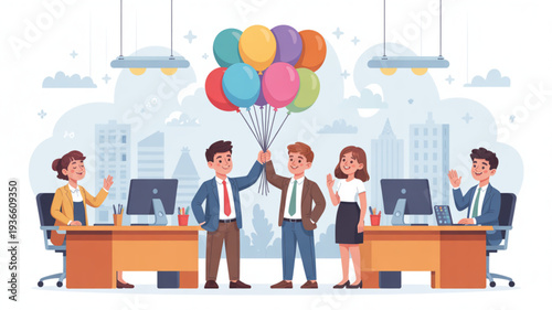 Office colleagues celebrating with colorful balloons at modern workplace desks