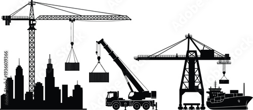 Construction and harbor crane logistics silhouettes, tower crane mobile crane cargo ship port shipping transport industry vector illustration isolated