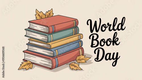 Stack of books with autumn leaves on world book day symbolizing reading and literature