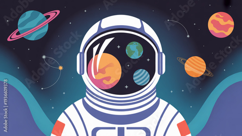 Astronaut in space suit exploring the cosmos with planets and stars
