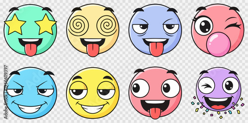 Set of 8 Cartoon Emoticons Vector with Various Funny Expressions