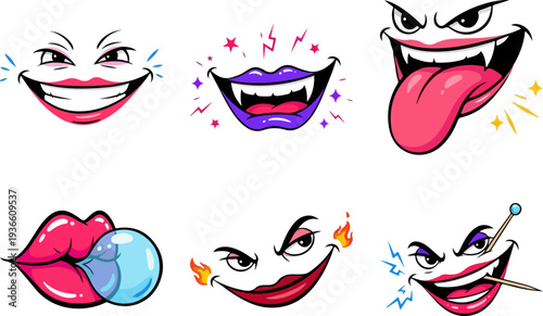 Set of 6 cartoon monster and vampire mouths vector