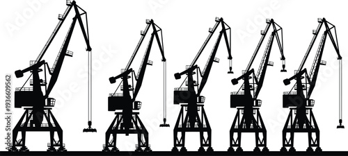 Harbor cargo crane silhouettes, industrial port dockyard loading machinery maritime shipping logistics heavy lifting equipment vector illustration isolated set
