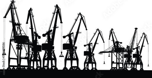 Harbor crane silhouette collection, industrial port cargo loading cranes maritime shipping dockyard logistics heavy machinery vector illustration isolated set
