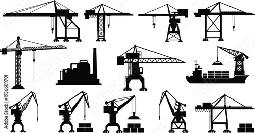 Industrial crane silhouettes collection, construction tower cranes harbor cargo loading machinery port logistics heavy industry vector illustration isolated set