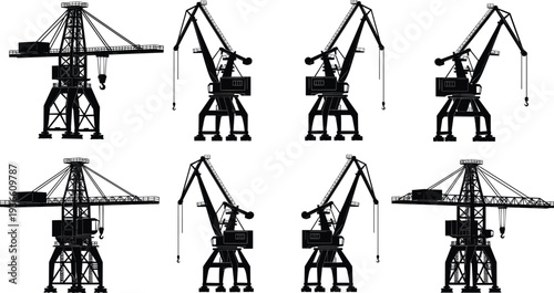 Industrial harbor crane silhouettes set, cargo loading port cranes dockyard machinery maritime shipping logistics heavy industry vector illustration isolated collection