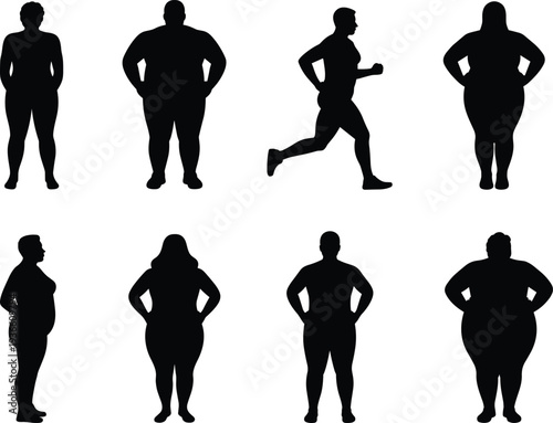 Body shape silhouettes set showing overweight, obese and fit running man and woman figures isolated on white background