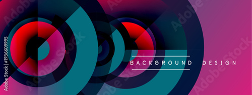 Abstract geometric shapes, vibrant colors, dynamic composition. Concentric circles create modern background design, purple hues dominate.