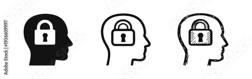 Human head with padlock icon set. Security, privacy, locked mind, secret, and protection symbol.