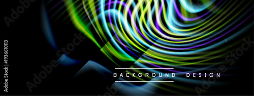 Abstract vibrant lines radiate from center. Dark background emphasizes colorful curves, creating dynamic visual effect. Modern design elements present.