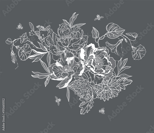  flowers and foliage. Vector illustration, bouquet.	