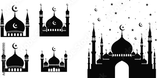 Islamic mosque silhouettes with crescent moon and stars, Ramadan and Eid Mubarak religious architecture set black vector illustration
