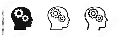 Human head with gears icon set. Thinking process, logic, intellect, system, and problem-solving symbol.