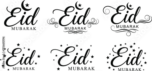 Eid Mubarak calligraphy lettering collection with crescent moon and stars, elegant Islamic holiday typography greeting design vector illustration set