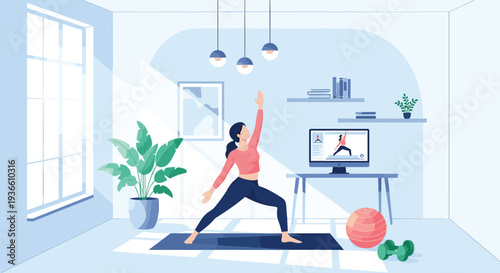 Woman doing yoga workout at home with online fitness class healthy lifestyle vector illustration