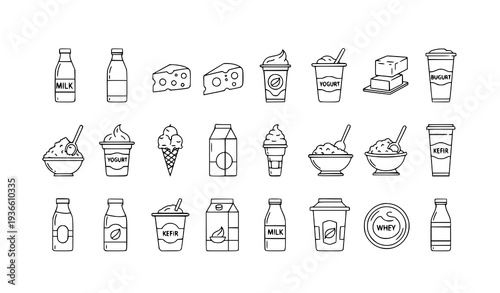 Minimal dairy products outline icon set with milk cheese yogurt and butter