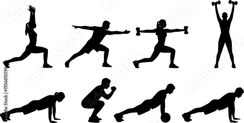 Professional Fitness and Workout Silhouette Set - Strength Training, Yoga Poses, and Exercise Routine Vector